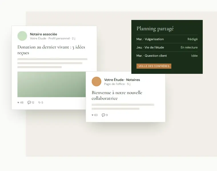 Publications LinkedIn d'une notaire et de la page d'une étude, avec un planning de publication partagé