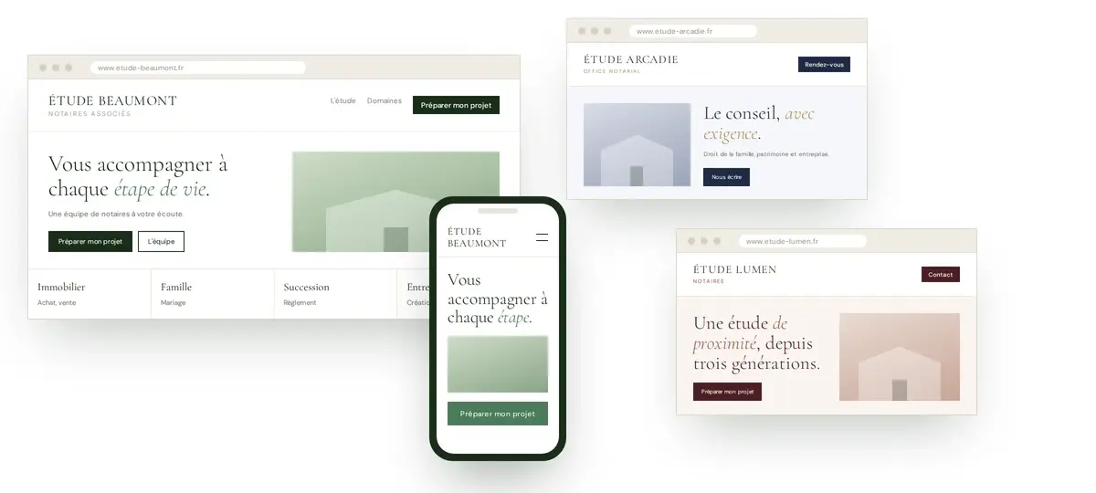 Trois sites internet d'études notariales aux identités visuelles différentes, sur ordinateur et mobile